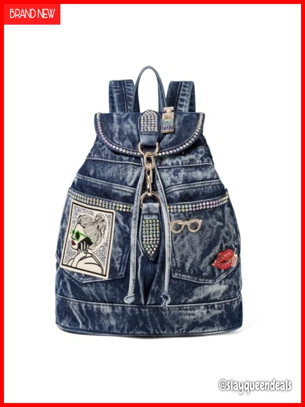 Denim Backpack for Women with Rhinestones Casual Daypack Purse Laptop Bag